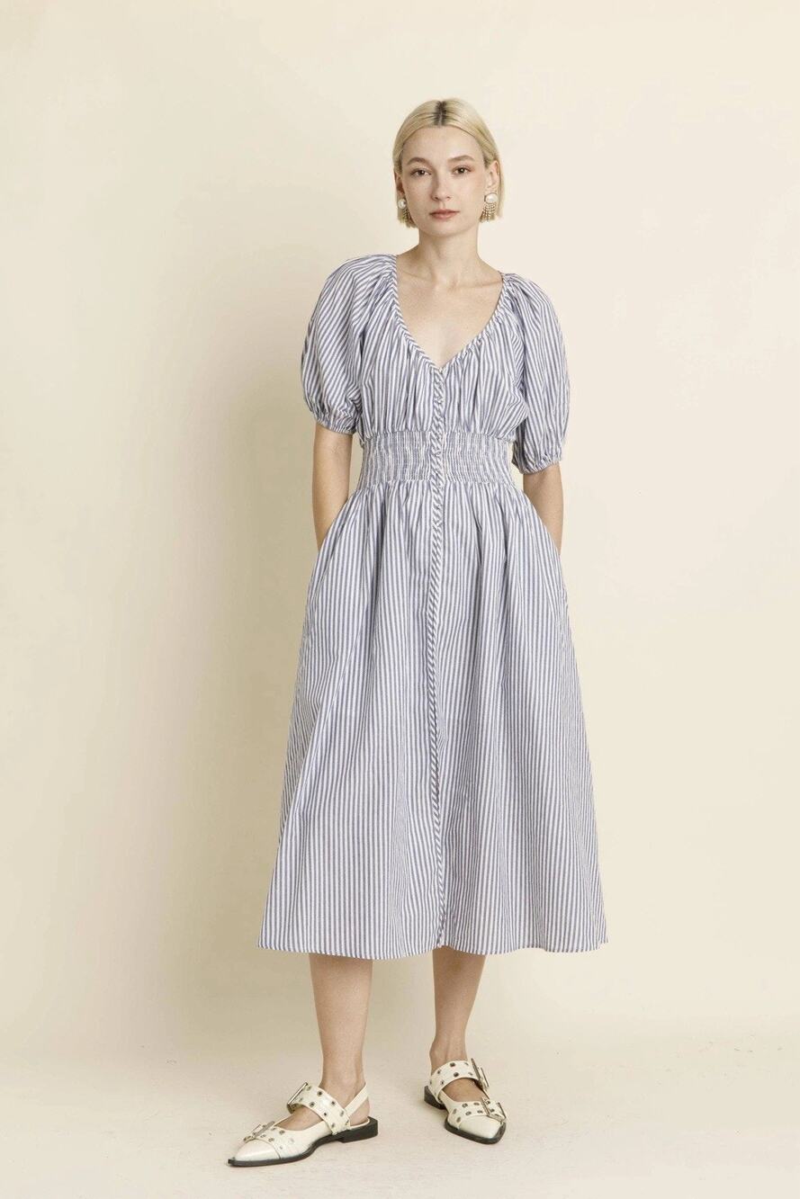 Aureum Dress Size Large Stripe Maxi Poplin Smocked Waist Preppy Coquette Flirty